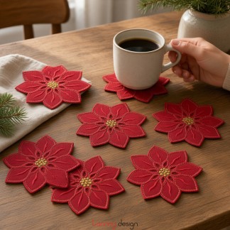 Set of 6 Christmas Coasters with Red Floral Pattern